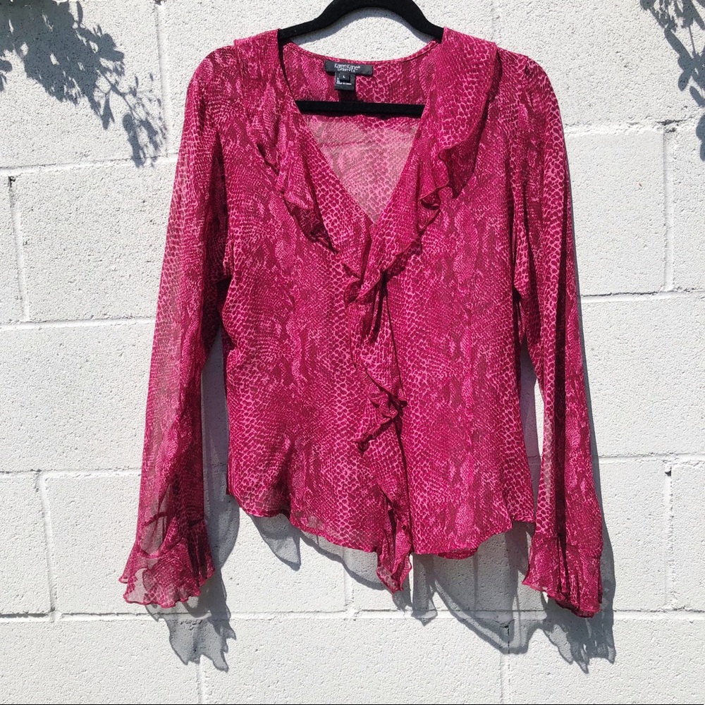 Fuchsia Snakeskin Ruffle Bell Sleeve Sheer…